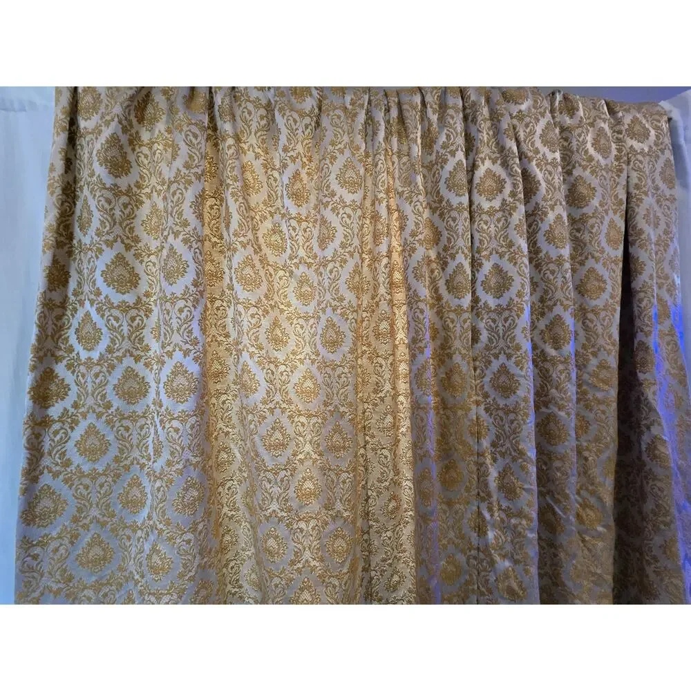 Pair Vintage Gold White Damask Brocade Austrian Curtains Valances Hollywood...